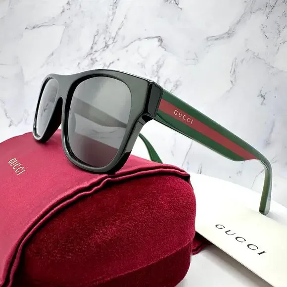 New Gucci Sunglasses Polarized Black Square Red Green Web Arms 56mm Gray Lens - Picture 3 of 15